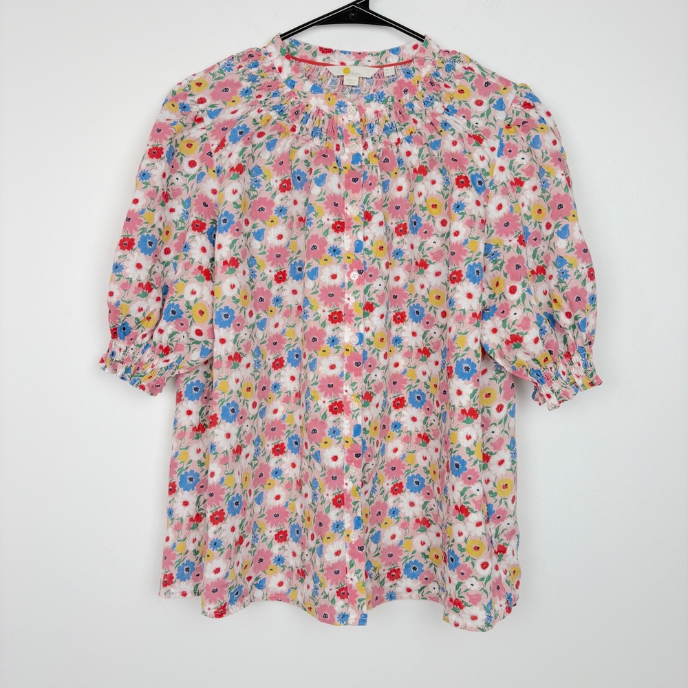 Boden Womens Linen Top Size 12 Pink Floral Smocked Puff Sleeve Button Front Boho